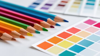 Naklejka premium Colorful Pencils Arranged with Color Swatches for Design Inspiration