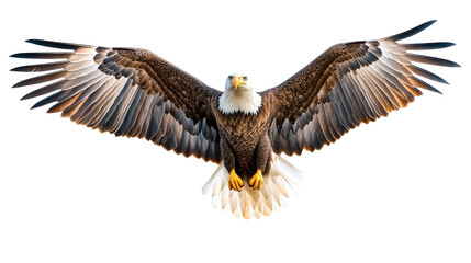 Obraz premium Majestic bald eagle gliding with open wings on transparent background