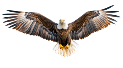 Majestic bald eagle gliding with open wings on transparent background