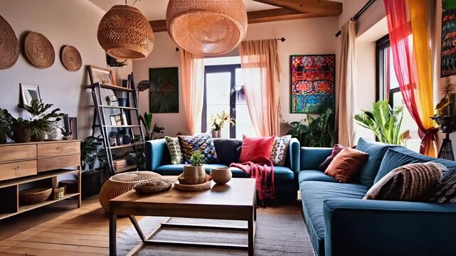 living room with a sofa Bohemian inspired with colorful