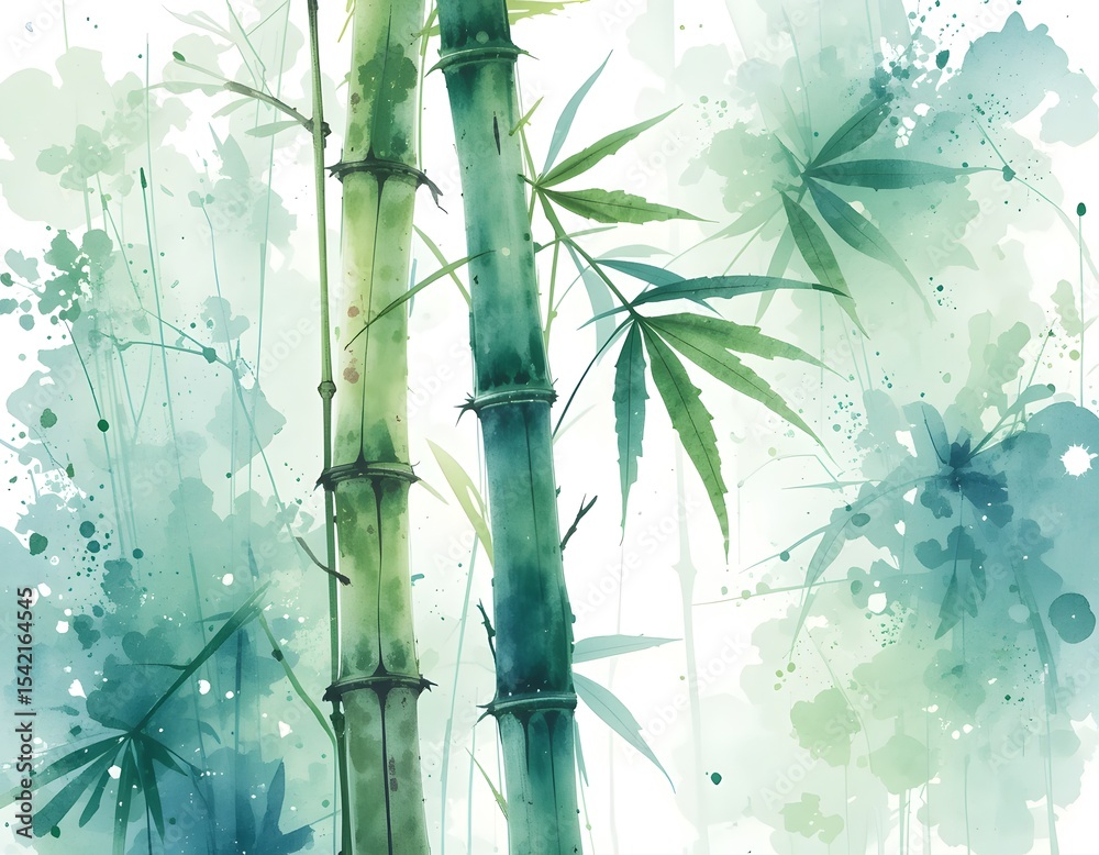 Poster serene bamboo watercolor artwork offers calming greens with gentle blues, a natural design idea. art
