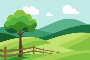 Obraz premium Peaceful Countryside Landscape with Rolling Hills and Wooden Fence