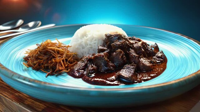 A high-detail 3D rendering of slow-cooked beef rendang with steamed rice and fried shallots