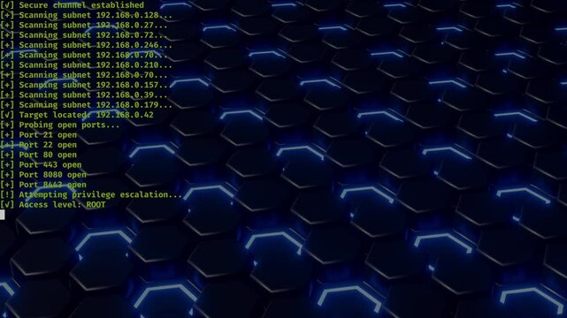 Hacker terminal simulation with scrolling code and final breach message