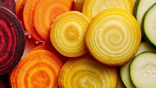 Root vegetables are sliced and aligned in an orderly row, creating a colorful and organic display on a soft, neutral background.
