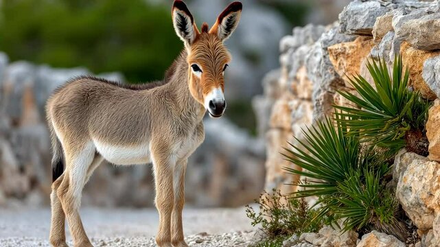 Wild donkey foal explores rocky terrain near shrubs in nature setting during bright daylight
