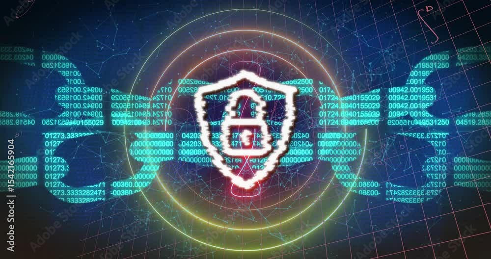 Poster 3d grid expanding, rings and code streams moving, shield flickering stabilizing lock securing data