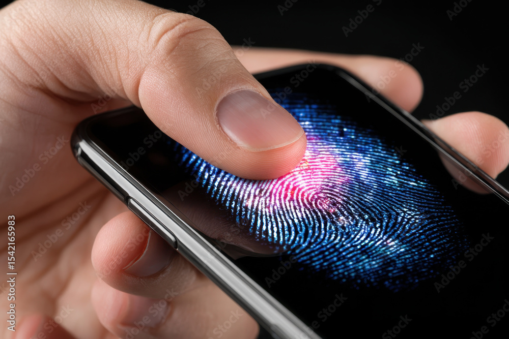 Poster hand using fingerprint scanner on smartphone for security verification
