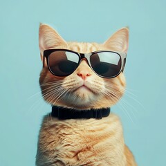 Orange cat model wearing stylish sunglasses expressing calmness humor and fashion against vivid aqua studio backdrop