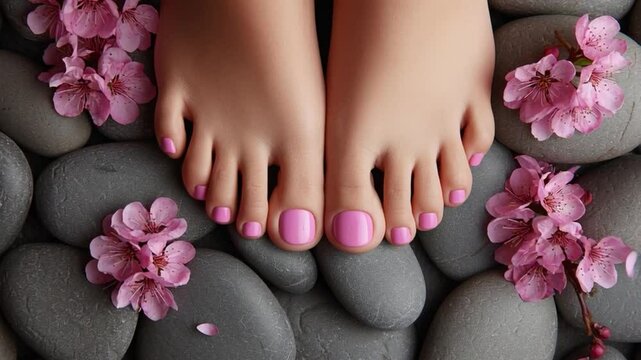 Soft pink nail polish and floral accents enhance the tranquil setting of this rejuvenating spa pedicure scene.


