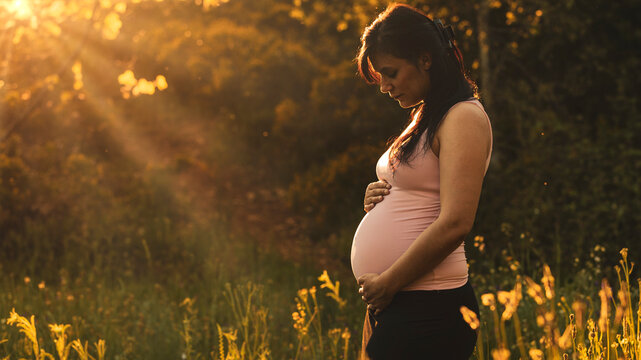 Pregnancy  expectant mother caressing belly