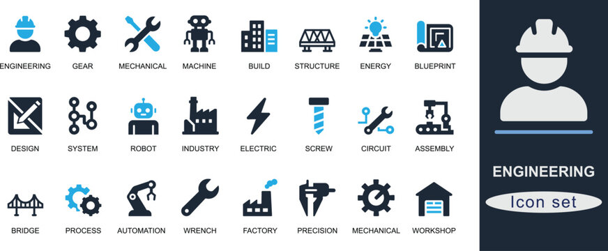 Solid  engineering icon set with gear, machine, robot, tool, factory, CAD, automation, and system. Ideal for industry, UI, mechanical and tech design.