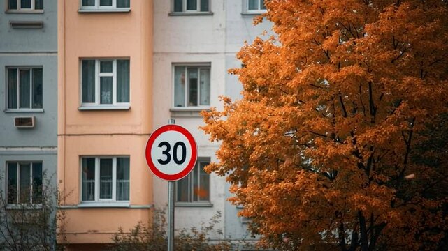 A traffic sign marking a 30 km/h limit is positioned near a residential zone, emphasizing safety during the autumn season.
