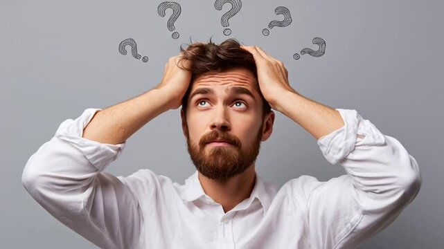 A businessman facing emotional strain gestures helplessly, the floating question marks reflecting inner turmoil and job-related anxiety.

