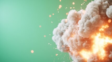 A large explosion of smoke and fire against a mint green background