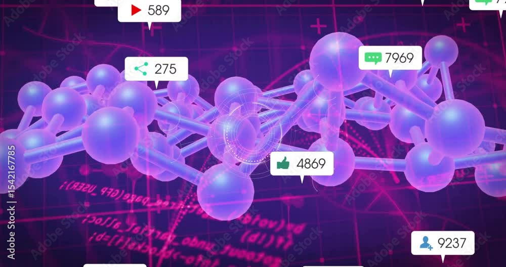 Poster rotating 3d molecular network pulsing scan causing fading alerts flowing icons showing metrics rise