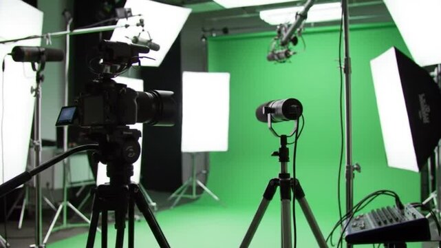 ultra-detailed video showcasing a professional video production studio setup. The scene includes a high-end photography camera on a tripod, multiple directional and lavalier microphones green screen