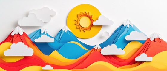 Naklejka premium Colorful paper cut mountains and sky