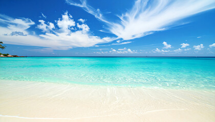 Obraz premium A serene beach scene featuring crystal-clear turquoise waters, soft white sand, and a bright blue sky with fluffy clouds