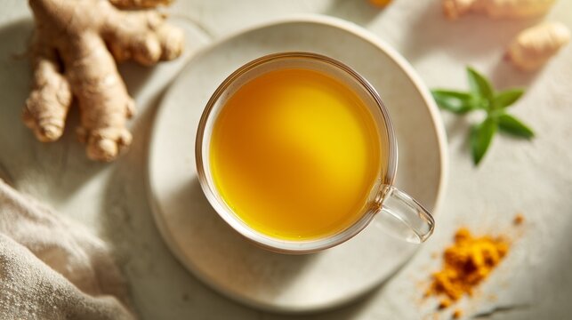 extreme closeup of turmeric ginger tea with herbs on ceramic plate in soft light