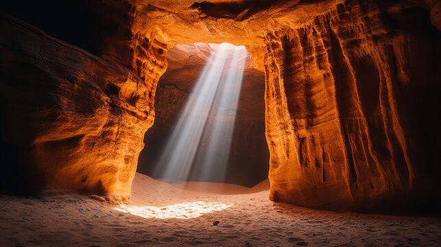 Golden Beams Break Through Rock Opening, Casting Glow on Sandstone Curves