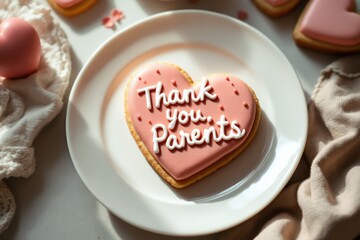 Heart-shaped cookie with pink icing and thank you message on a plate