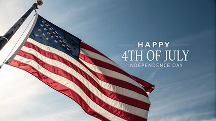 Naklejka premium American Flag Waving Proudly Against A Bright Blue Sky Celebrating4thof July Independence Day