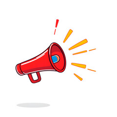 Red cartoon megaphone with sound waves representing announcement and promotion on white background