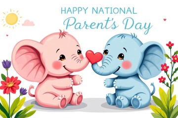 Naklejka premium Cute elephants celebrating Parents Day illustration with flowers