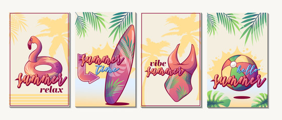 summer flyer design with tropical plants,  handwritten text, a drawn swimsuit, a flamingo swim ring and a surfboard, vector