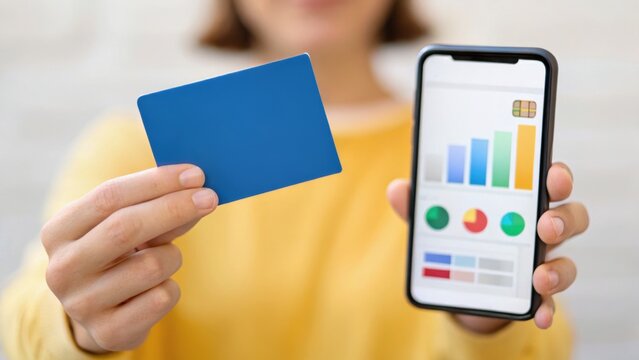 A person holds a blue card and a smartphone displaying financial graphs and charts. - Powered by Adobe