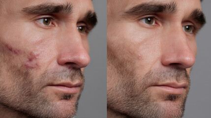Fototapeta premium Collage of a man's face before and after acne treatment.