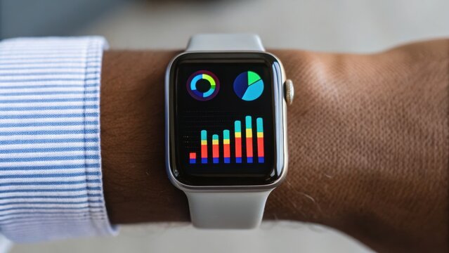 A close-up of a wrist wearing a smartwatch displaying colorful graphs and data analytics on its screen.