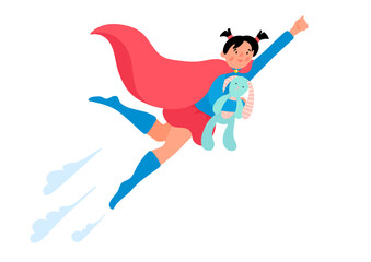 Girl in superhero costume flying with toy hare.