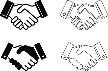 Vector illustrations of four handshake icons in black and white, representing agreement