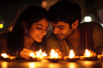 Young Couple Lighting Diyas Together During Romantic Diwali