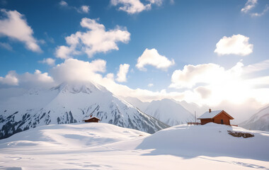 Scenic winter landscape with snow covered mountains and wooden cabins under a blue sky