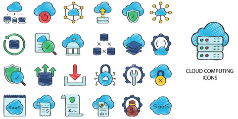 Cloud Computing simple concept 24 hand drawn color icons set .Vector illustration.	