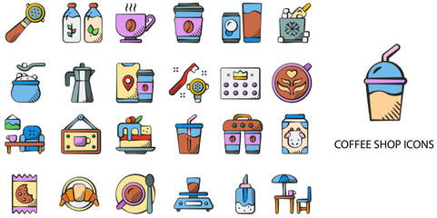 Coffee simple concept 24 hand drawn color icons set .Vector illustration.	