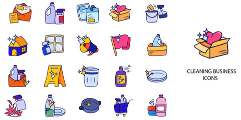Cleaning Business simple concept 24 hand drawn color icons set .Vector illustration.	