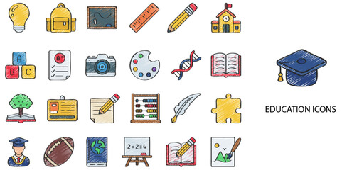 Education simple concept 24 hand drawn color icons set .Vector illustration.	