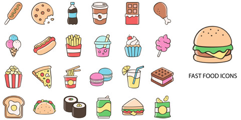Fast Food simple concept 24 hand drawn color icons set .Vector illustration.	