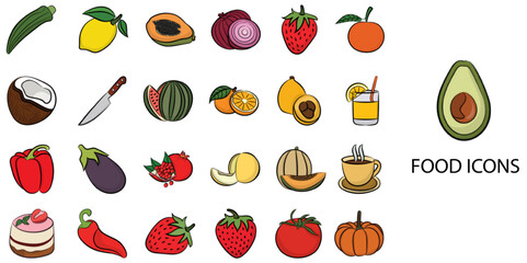 Food simple concept 24 hand drawn color icons set .Vector illustration.	