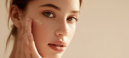 The beautiful woman applying skincare cream to her glowing face.