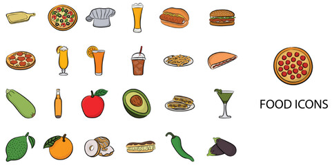 Food simple concept 24 hand drawn color icons set .Vector illustration.	