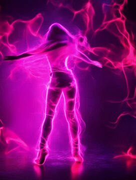 Neon Silhouette of a Woman Dancing in Vibrant Colored Lights	