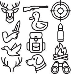 Obraz premium Duck, Deer, Target, Backpack, Binoculars, Campfire, Knife – Clean Silhouettes for Outdoor Recreation, Wilderness Travel, and Survival Graphics