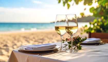 A romantic beachside dining setup featuring two glasses of white wine, set against a serene ocean view and a soft sandy beach