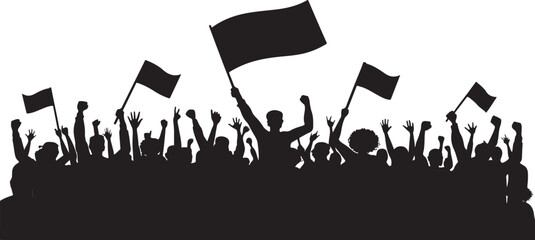 Silhouette of a crowd demonstrating with flags and raised hands in unity