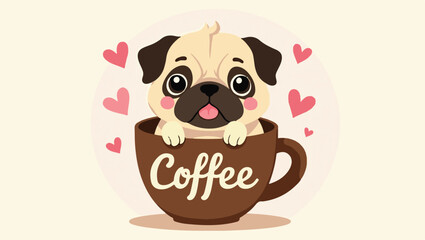 Adorable Pug Puppy in a Coffee Cup Surrounded by Hearts A Sweet Blend of Cuteness and Caffeine in a Charming Scene
